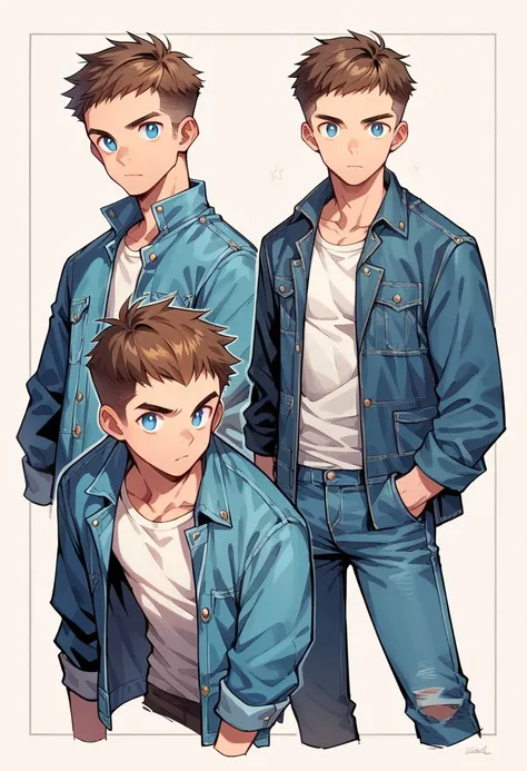 human male young adult, skin white   , brown haircut, blue pupils, wearing pants , wearing denim jacket , poses ,