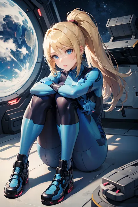 (masterpiece), best quality, expressive eyes, perfect face, highres, (8k), (perfect face), (ultra details), 1 girl, solo, samus aran, ponytail, hair tie, blue gloves, blue bodysuit, body-tight suit, spacecraft background, sitting, on the floor, knees up, p...