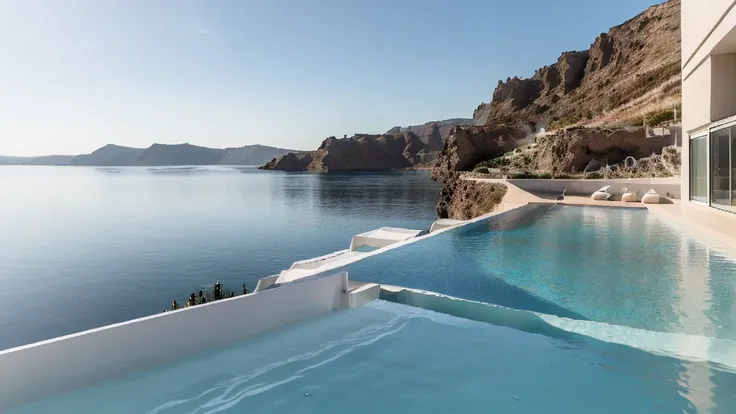 hotel staff, swimming pool, clear sky, beautiful sunshine, sea view, near the sea, mountains, beautiful sea, natural light, soft, minimalist, RAW photo, (high detailed skin:1.2), 8k uhd, dslr, soft lighting, high quality, film grain, Fujifilm XT3