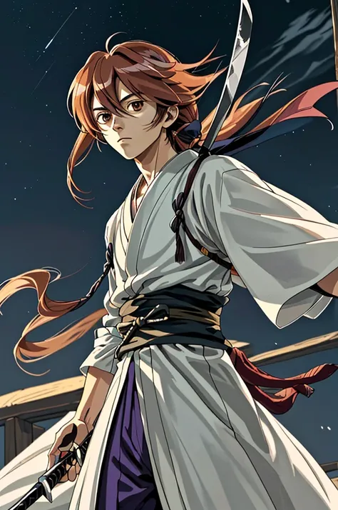 high quality，High resolution，((chee々Yushin_Rurouni Kenshin)) ，One person，（knife），（white_coat），bandage，mummy，male，One personで，Middle Age，（Rurouni Kenshin），strongest，Anime Style，（Night Sky_background），(Limbs)，(Full Finger)，(Accurate fingertips), (The finer d...