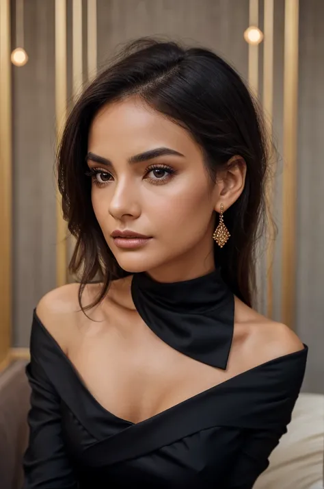 A close-up shot of a woman with a pensive expression, wearing a dark, off-the-shoulder dress and a single, statement piece of jewelry, The background should be out of focus and feature soft, warm tones”