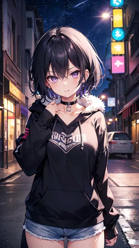 High resolution,high resolution,Girl,Black Hair,Short Hair,Purple Eyes,Slanted Eyes,Bad mood,boyish,slender,Toned body,Street,hoodie,Tattoo,fur,Shorts,low length,Starry Sky,choker,Large Breasts,Open your mouth,Sticking out tongue