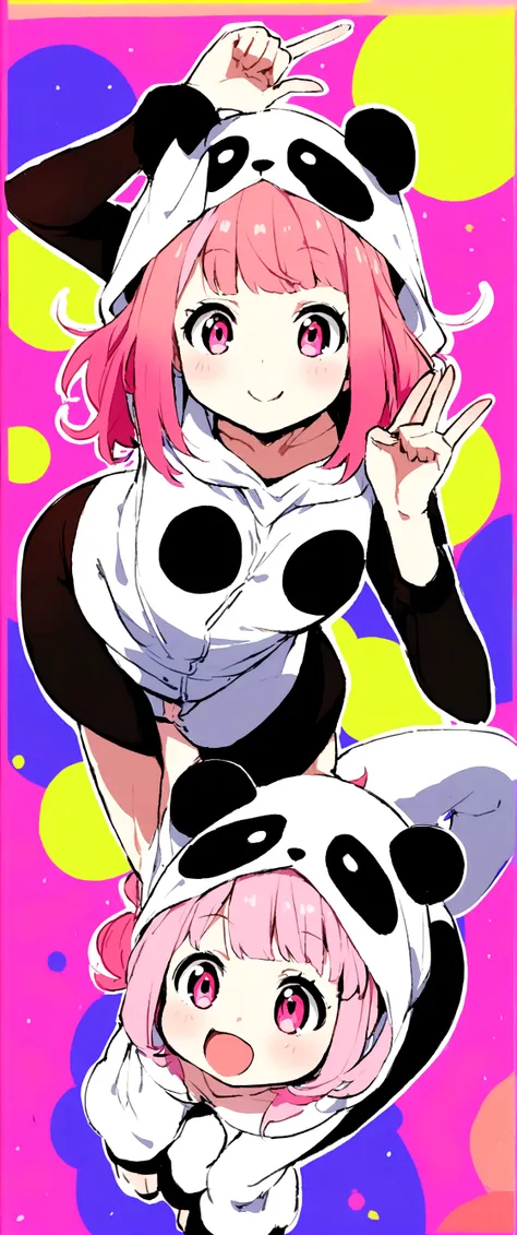 anime、Girl in a panda costume、Pink Hair、Pink Eyes、Cute pose