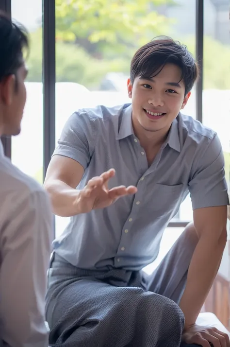 ((Highest quality, 8K, Masterpiece: 1.3))、Thailand Laos Burma Asia, Thai man, A handsome Asian rugby player with short hair, a muscular beard, and big muscles., １A man who has、 yo、Good appearance、Beautiful nose、smile、 Detailed eyes and face、beautiful light...