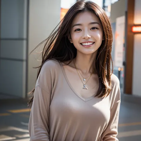 Highest quality,a girl, one girl,solo focus,raw photo,bloom,4K,8K,Realistic,full body,Japanese women,一人のJapanese women,28 years old,Clear,kind,Beautiful eyes,smile,nice style,smile,teeth,Long brown hair,Large Breasts,healthy,positive,Very detailed,Casual S...