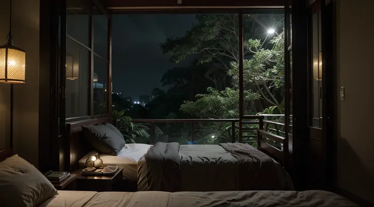 there is a bed in a room with a view of massive window allowing for captivating views of jungle scenes and bustling sidewalks, photography, dark black. night view scene outside, bad weather, broad horizon, drop Japan traditional town and forest, big verand...