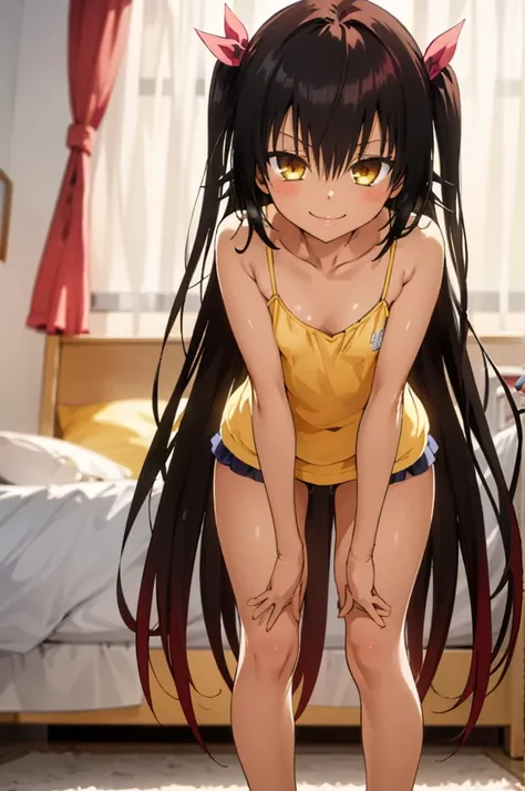 1girl, aster nemesis, dark-skinned female, black hair, very long hair, yellow eyes, flat chest , twin tails, looking at viewer, , smile,,my room,,nsfw,,8yo,camisole,leaning forward