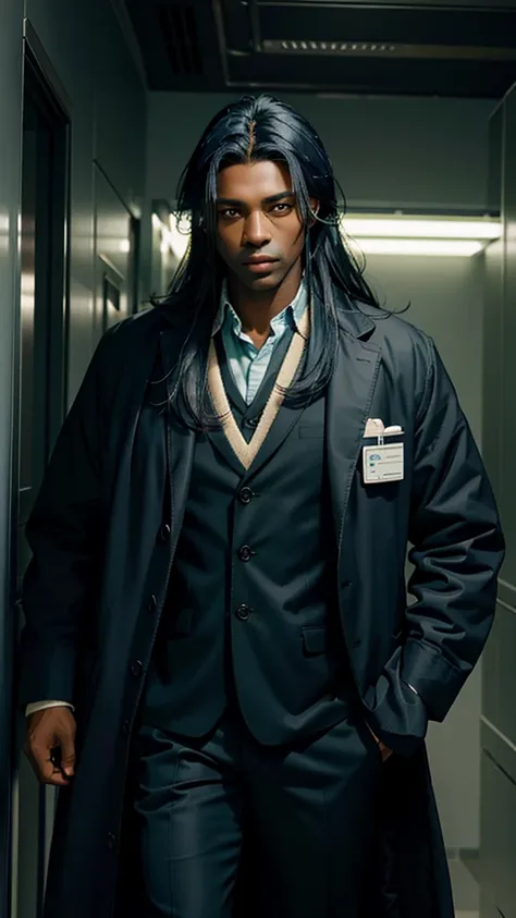 Dark-skinned man, Long dark blue hair, doctor coat, strong, Green Eyes