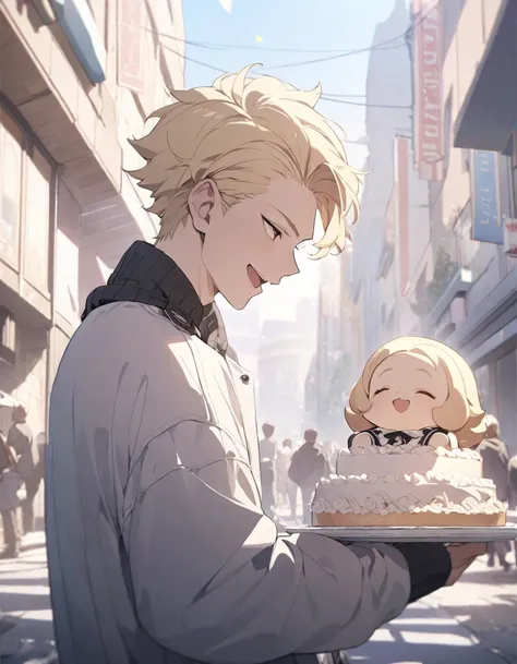 masterpiece，Highest quality，Super detailed，figure，Delicate and detailed，Intricate details，Cinematic Light，Highest qualityのバックライト，1 male, Short fluffy blonde hair, head tilted back, smile, Handsome, Open your mouth, Smug eyes, cool illustration, Street styl...