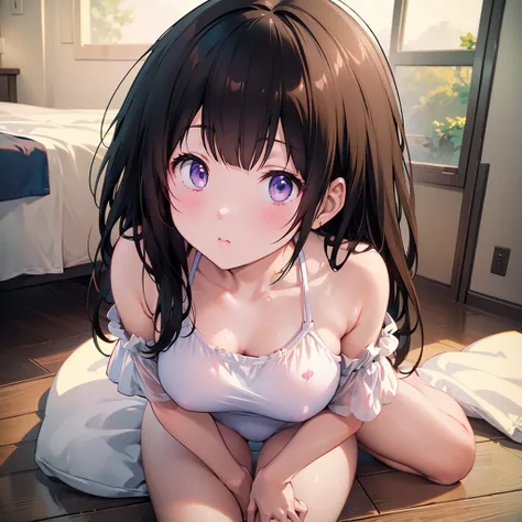 ((masterpiece)), ((Best Quality)), (Ultra-detailed), Anime style, Cute ,8k , 1girl in, Solo, swimsuit, sitting on the bed , black hair 