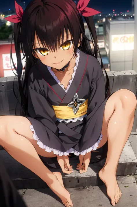 1girl, aster nemesis, dark-skinned female, black hair, very long hair, yellow eyes, flat chest kimono, obi, ribbon, twin tails, looking at viewer, outdoors, city, night, smile, ,sitting on ground,,(nsfw),8yo,bare foot,from above