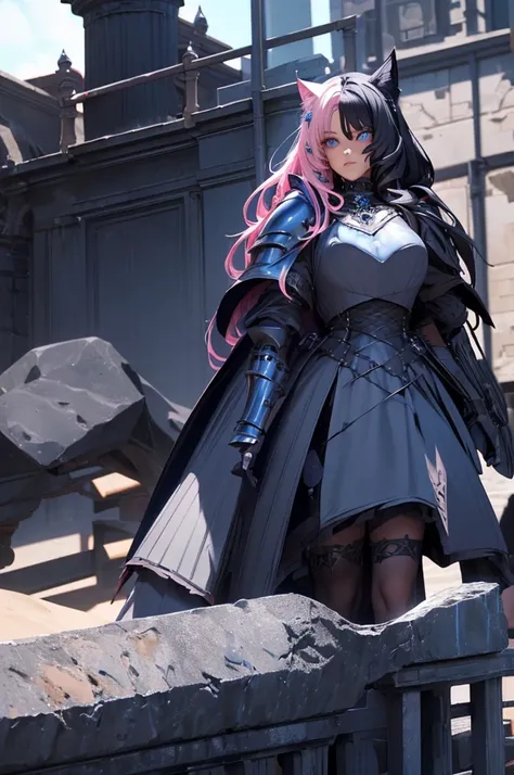  two toned hair, pink hair, black hair, cat girls, blue eyes, long wavy hair,, cat girl, blue eyes, armor, nights armors cat girl, blue eyes, armor (sexy body),((Detailed dark fantasy armor dress:1.5)),((intricate detailes,detailed dress)), (Beautiful dres...