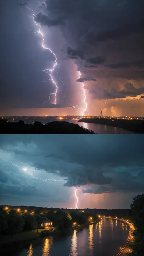 Electric tornado in the middle of the storm,Cloudy ,No Sun,In the rain and wind,Lightning Light,A blinding flash,The whole sky was covered with lightning,Tornado Swirl,A huge tornado with lightning both inside and out,There is a river and a small country h...