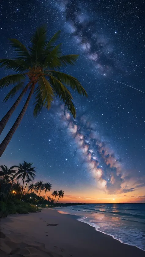 Tropical sea,night,Beautiful starry sky,milky way,Palm tree,Glitter effect,Highest quality, 8K, High resolution, masterpiece:1.2, Very detailed, Realistic:1.37, High resolution, 超High resolution, Ultra-fine painting, Professional, Vibrant colors