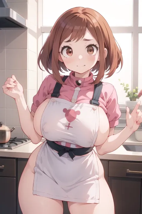 Chibi, busty, Ochako Uraraka very big breast kawail realistic nude with kitchen apron pussy