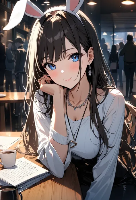 Masterpiece, highest quality, ultra-definition, ultra-fine, 4K, 8K, highest quality, beautiful, cute woman, solo,marin kitagawa, beautiful eyes, long hair, rabbit ears, smile),
break
Cozy cafe scenery, coffee on the table, food, coffee cups, crowd in the b...