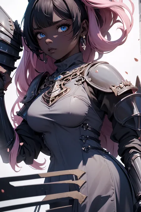 {{{official art}}}, {{solo}}, {Adult}hair strand}, {{medium breasts}}, {cleavage}, {hair ornament}, necklace, earrings, two toned hair, pink hair, black hair, cat girls, knights armors  cat girl, blue eyes, armor (sexy body),((Detailed dark fantasy armor d...