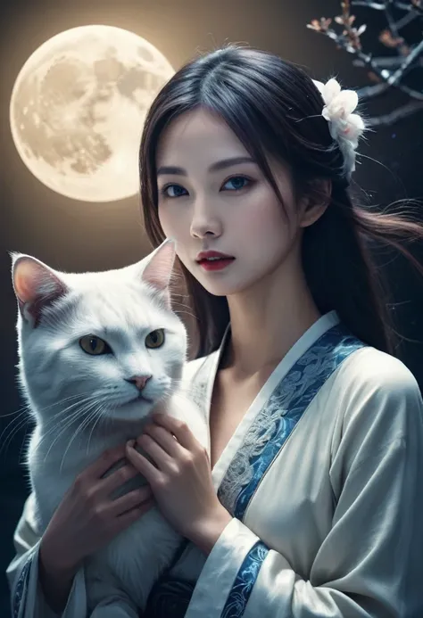 Apparition ， Girl, Cat girl, Beautiful oriental woman, Moonlit Night Background , Realistic Women, lovely