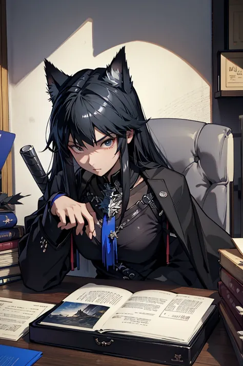 Masterpiece，high quality，Black hair，desk，黑色旅行袋在desk上