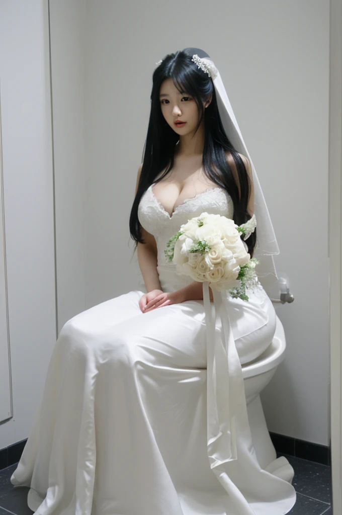 bride、Wearing a wedding dress、Super fat、Big Breasts、Big Ass、Super long straight black hair、Small private room、Sitting on the toilet