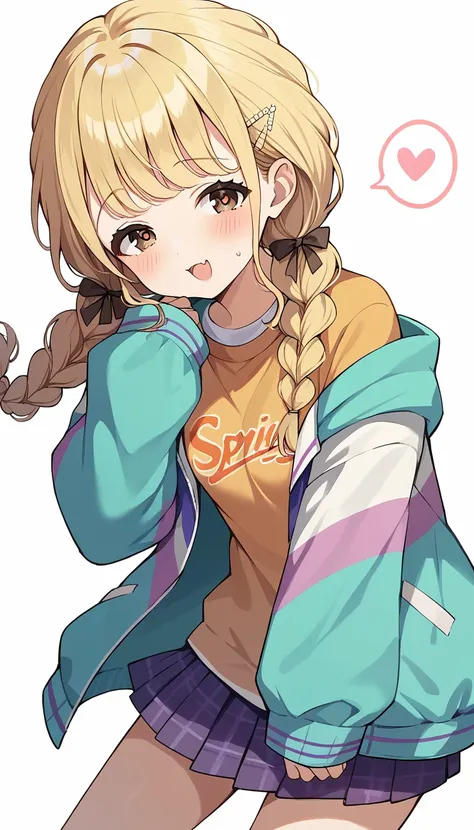 score_9, score_8_up, score_7_up, source_anime, rating_safe,super detailed , kotone-default,fujita kotone,brown eyes, blonde hair,twin braids,hair ornament,(white hairclip:0.8), multicolored hoodie,sleeves past wrists,orange shirt,pleated skirt,plaid skirt,...