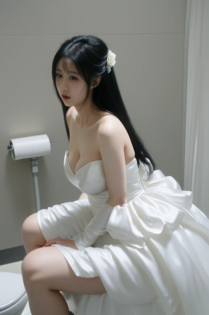 bride、Wearing a wedding dress、Super fat、Big Breasts、Big Ass、Super long straight black hair、Small private room、Sitting on the toilet