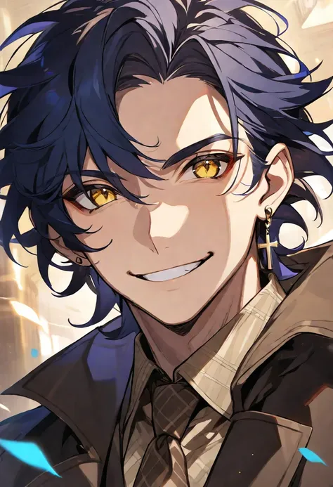 Solo,1 male, dark blue hair, yellow eyes, cross earring, black coat, light brown shirt, detective, smile facial