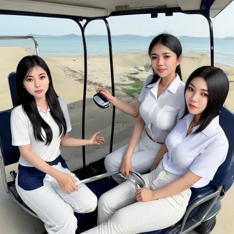 1 Thai female employee wearing wearing a white shirt and navy blue pants driving a golf cart, with 6 Arab female guests sitting in the same cart enjoying the ride, with a seaside background