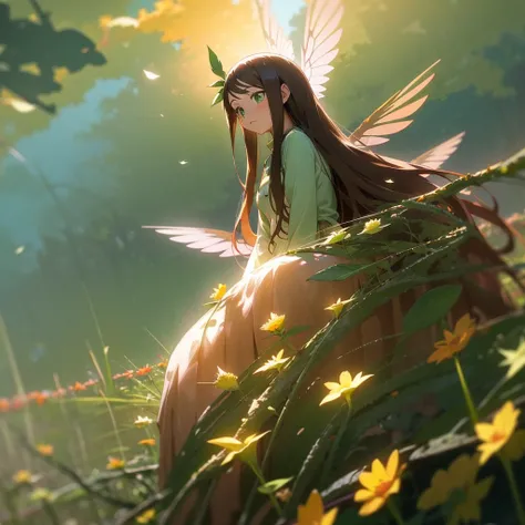 brown hair, long hair, straight hair, kawaii, anime, Cute, hyper quality, highly detailed, full body, 16k, green eyes, wings on the back of body, one girl, nature background, light effects, one brown bird, highlight, flower garden, garden, Front facing, Ki...