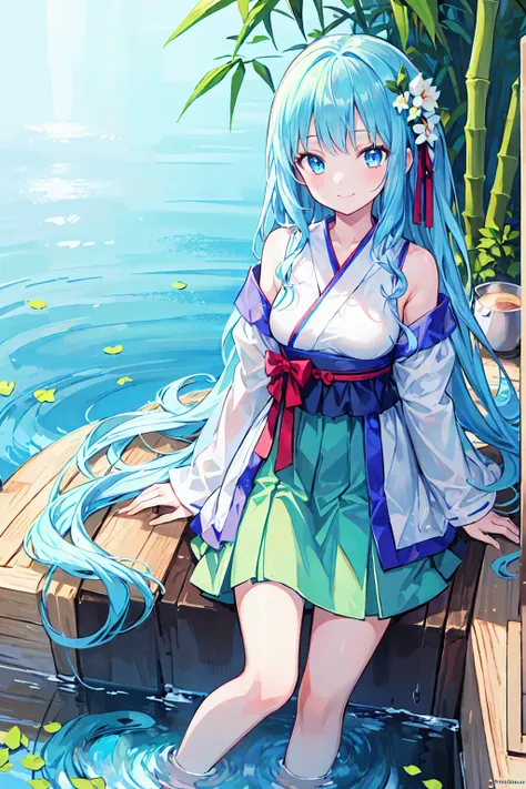 masterpiece, Highest quality, Official Art, 8k wallpaper, Very detailed, figure, 1 Girl, Sky blue hair, Long Hair, Fine grain, Forrest Gump, Bare shoulders, Hanfu, lake, Pure, A kind smile, bamboo, tea