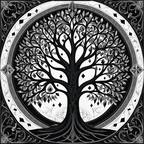 Nordic tree-shaped solitaire，Flat style， abstract artistic，Graphic design，symmetry, Math, Renaissance, Oil painting, 2D canvas, highly detailed, complex, Classic paint, Black monochrome, crystals, opulent, lap, gothic ornament, Graphic design