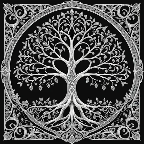 Nordic tree-shaped solitaire，Flat style， abstract artistic，Graphic design，symmetry, Math, Renaissance, Oil painting, 2D canvas, highly detailed, complex, Classic paint, Black monochrome, crystals, opulent, lap, gothic ornament, Graphic design