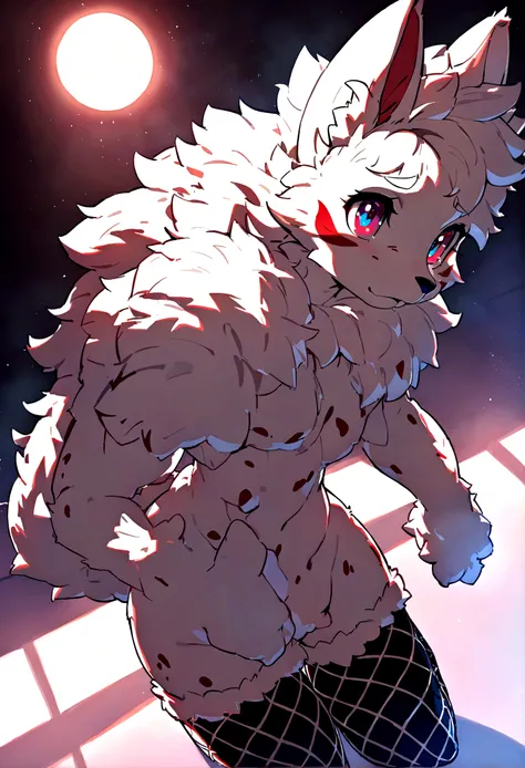 ((Best quality)), ((masterpiece)), (detailed), furry, white fur, ultra cute face, red elements on fur, beautiful lights and shadows, ambient light, ultra detailed fur, volumetric light,  Fishnet stockings, v6 naked, very horny look,