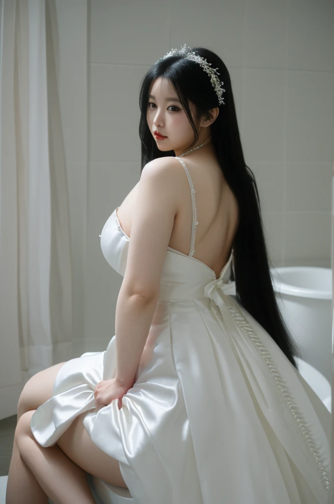 bride、Wearing a wedding dress、Super fat、Big Breasts、Big Ass、Super long straight black hair、Small private room、Sitting on the toilet