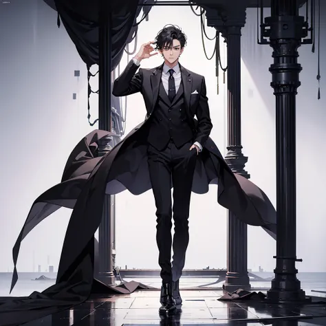 masterpiece, best quality, one man, black suit, full body, standing, simple background,