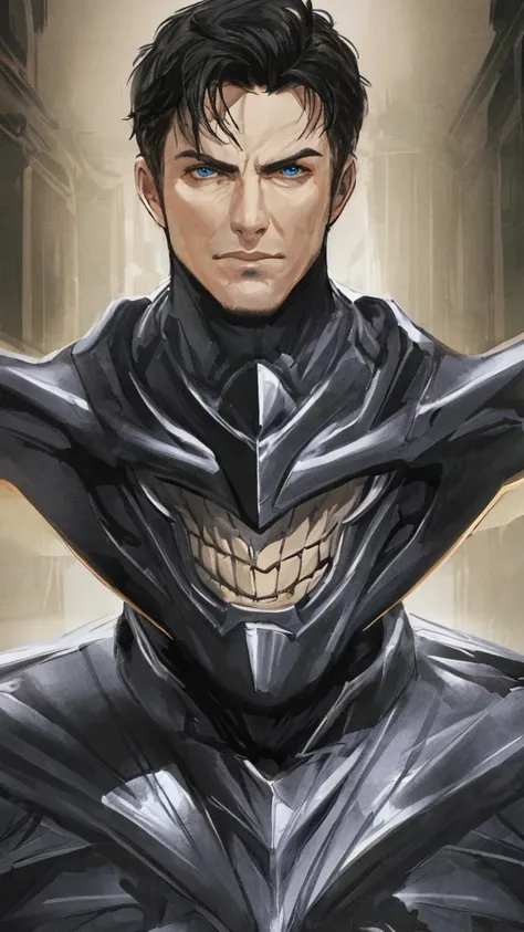 John Barrowman, male supervillain, black hair, blue eyes, smirk, white skin, sexy, (best quality,4k,8k,highres,masterpiece:1.2),ultra-detailed,(realistic,photorealistic,photo-realistic:1.37),superhero,evil,villainous,intense gaze,detailed facial features,d...