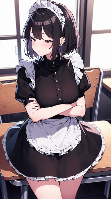 (cowboy shot),(ultra-high resolution, depth of field:1.2),Zenless Zone Zero,(Elen Joe:1.1),1woman,mature,black hair,short hair,inner color hair,(red eyes),medium breasts,crossed arms,maid dress,shark tail,maid apron,maid headdress,piercing,short sleeves,in...