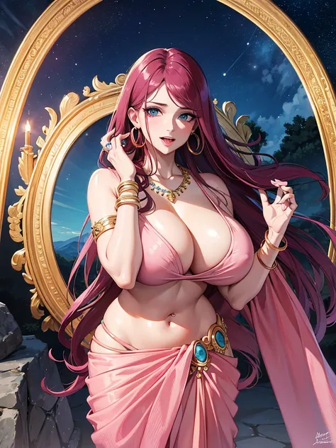 (absurderes, A high resolution, Ultra detailed, hdr), Masterpiece, Best quality, Portrait of an Indian uzumaki_kushina, extreme realistic very beautiful, animated style, closeup shot, anime in a(((pink))) indian dress (((saree))), long black wavy hair unti...