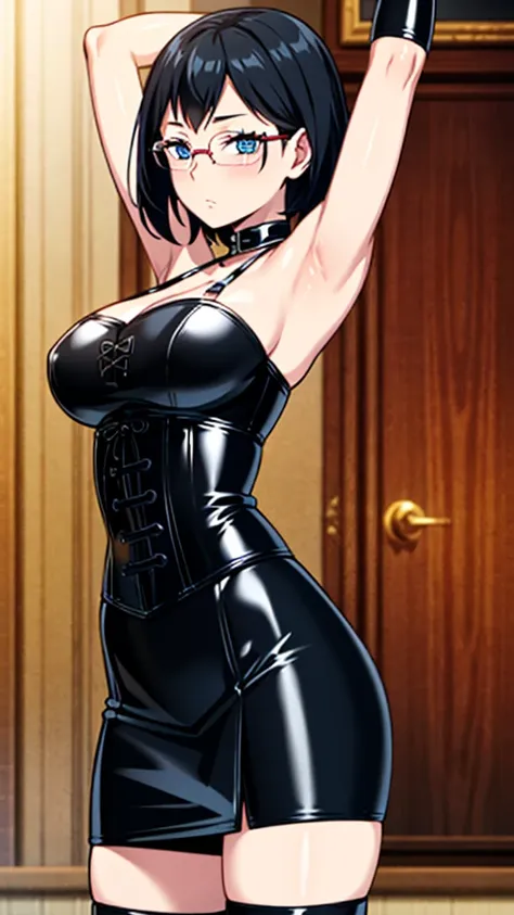 masterpiece, highest quality, High resolution, highly detailed face, Detailed CG, black hair, blue eyes, short hair,large breasts, (Long gloves covered in black latex all the way to the fingertips), (Black latex corset dress), (Halter neck corset dress), (...