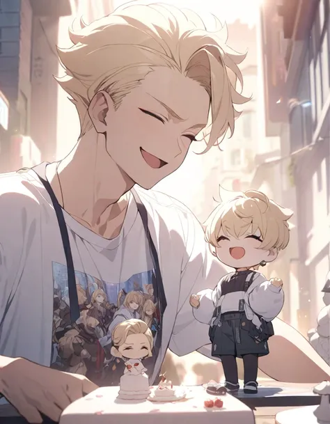 masterpiece，Highest quality，Super detailed，figure，Delicate and detailed，Intricate details，Cinematic Light，Highest qualityのバックライト，1 male, Short fluffy blonde hair, head tilted back, smile, Handsome, Open your mouth, Smug eyes, cool illustration, Street styl...