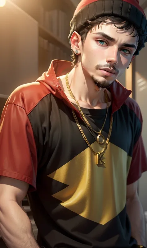 young rapper man, short black hair, Caucasian skin, with red t-shirt, with a gold chain of green eyes, blond mustache and low blond goatee with a red beanie