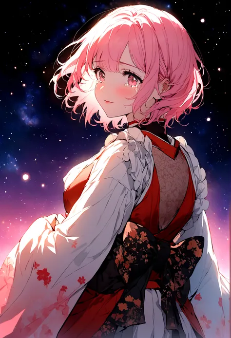 tears,space travel,lhe background is a beautiful universe.  Steam Locomotive Journey,This is an illustration of an animated female character with short cut pink hair shedding tears as she looks back. She wears a costume that mixes traditional Japanese clot...