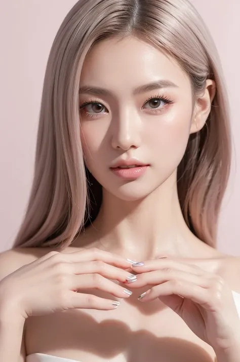 A close-up portrait of a Japanese woman in a studio setting, with beautifully styled light-colored hair, eyelashes, and full makeup, including blush on her cheeks. She has dusty pink nail polish on her nails, which are clearly visible as her hand gently to...