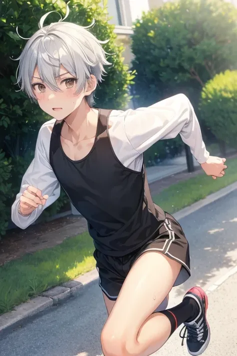 Kimishima Ikuto、17 years old、（1:boy)、(Hairstyle:Silver short hair,Silver Hair)、Slanted Eyes、Brown eyes、Perfect Anatomy、runner、(running),running、Sweat、whole body、Dynamic Angle、Beautiful legs