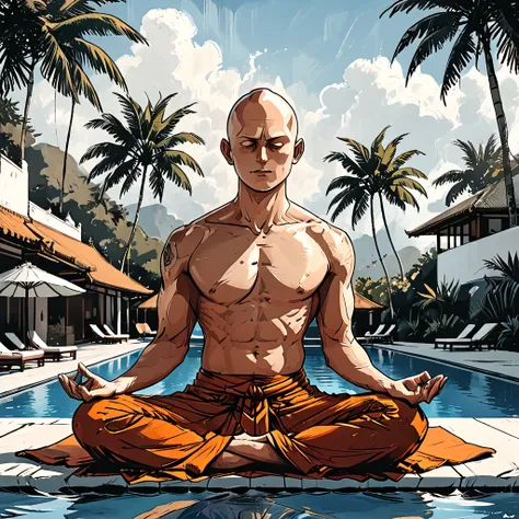 blind buddhist monk sitting in lotus position next to the pool at the white hotel, tropical, palm, white hotel, pool, round face...