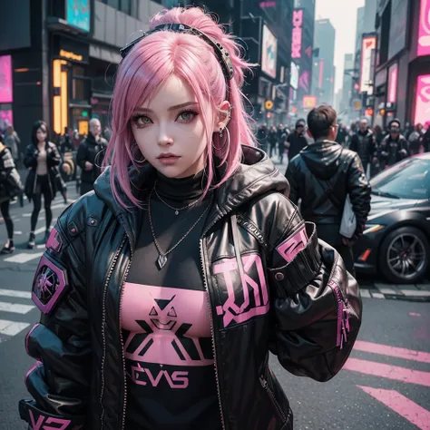 a woman with pink hair and piercings squats in a black outfit, cyberpunk 2 0 y. o Model Girl, cyberpunk anime girl, female cyberpunk anime girl, in cyberpunk style, cyberpunk girl, in a cyberpunk setting, Jessica Schwarz, beautiful cyberpunk girl, cyberpun...