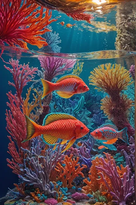 A vibrant 2D underwater scene featuring various One Piece-themed fish and marine creatures, designed with intricate, colorful, and detailed styles similar to the provided images. Include dynamic elements such as water splashes and bubbles to create a sense...