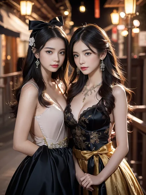 Two Girls, length_hair, bright_hair_color, Fascinating_eye, mysterious_Performance, Mature Woman_exterior, glamorous_Costume, Flowing_dress, elegant_jewelry, complicated_Decoration, magic_symbol, Shine_accessories, Portion, Scroll, cute_accent, bow, ribbon...