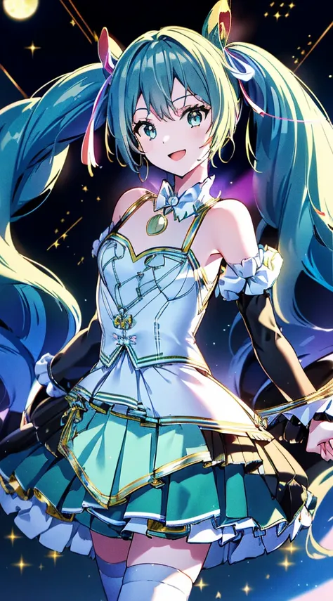 (fluorescence light green long hair:1.6,,),(twintails), (small breasts ),slender、hatsune_miku,Super Idol　beautiful girl,Cute Smile,Sky,Sexy outfit with sparkling bright yellow and white skin visible　mysterious　Fantasy　constellation　moon　Crystal Sparkle　Aur...