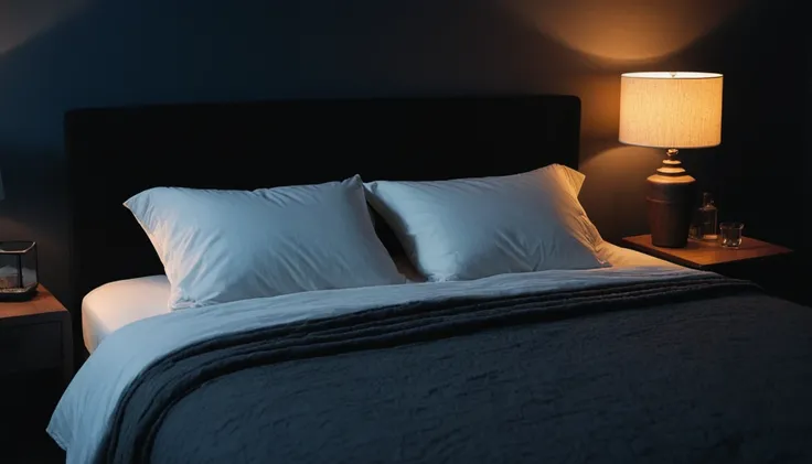 there is a bed with pillows and a blanket in a dark room, dimly lit bedroom, soft ambient lighting, comfy lighting, ambient lighting at night, lit up in a dark room, dramatic ambient lighting, night fill lighting, dimly lit room, bright ambient lighting, d...